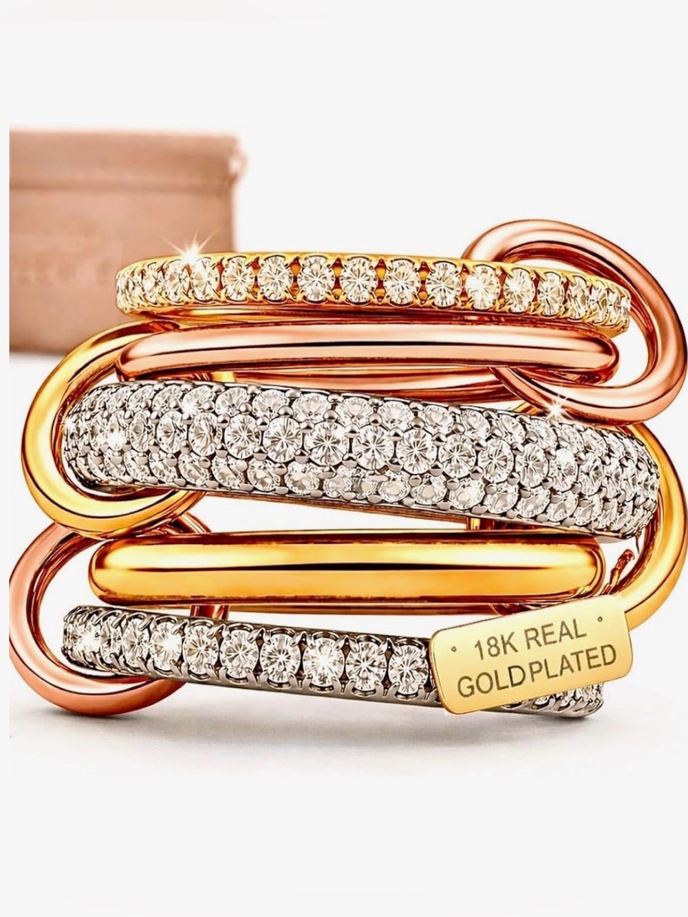 18K Gold-Plated Multi-Row Crystal Stackable Ring - Rose Gold and Gold